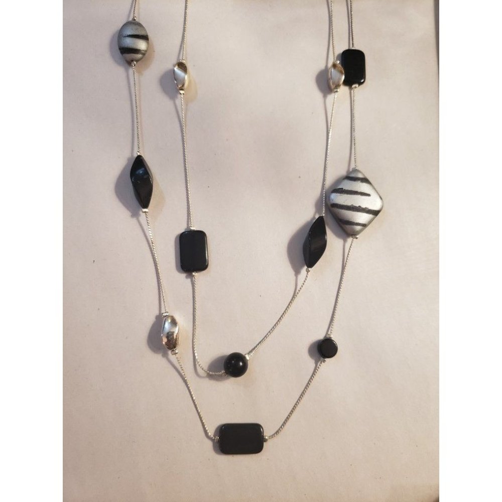 Double Stand Silver Chain Necklace With Unique Beads